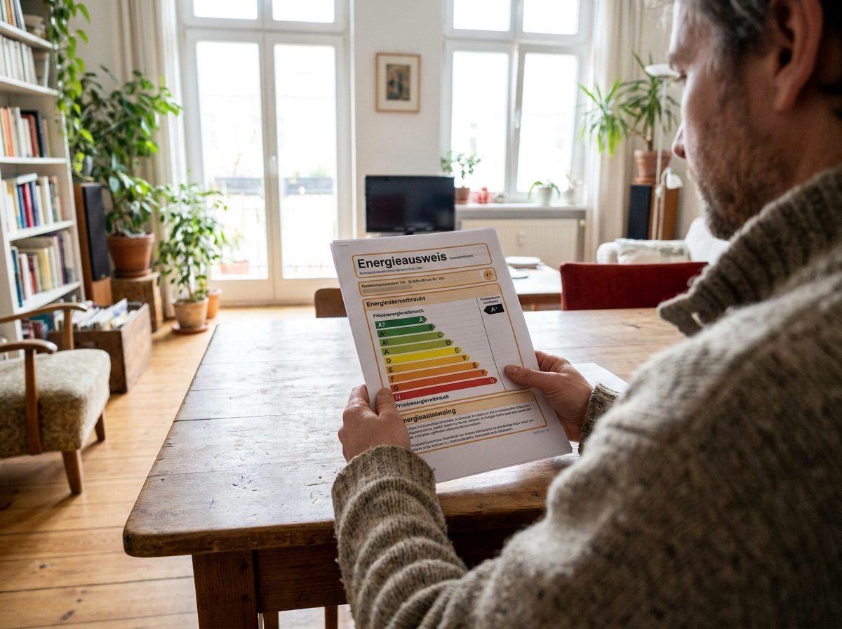Energieausweis mit Effizienzskala in den Händen eines Eigentümers