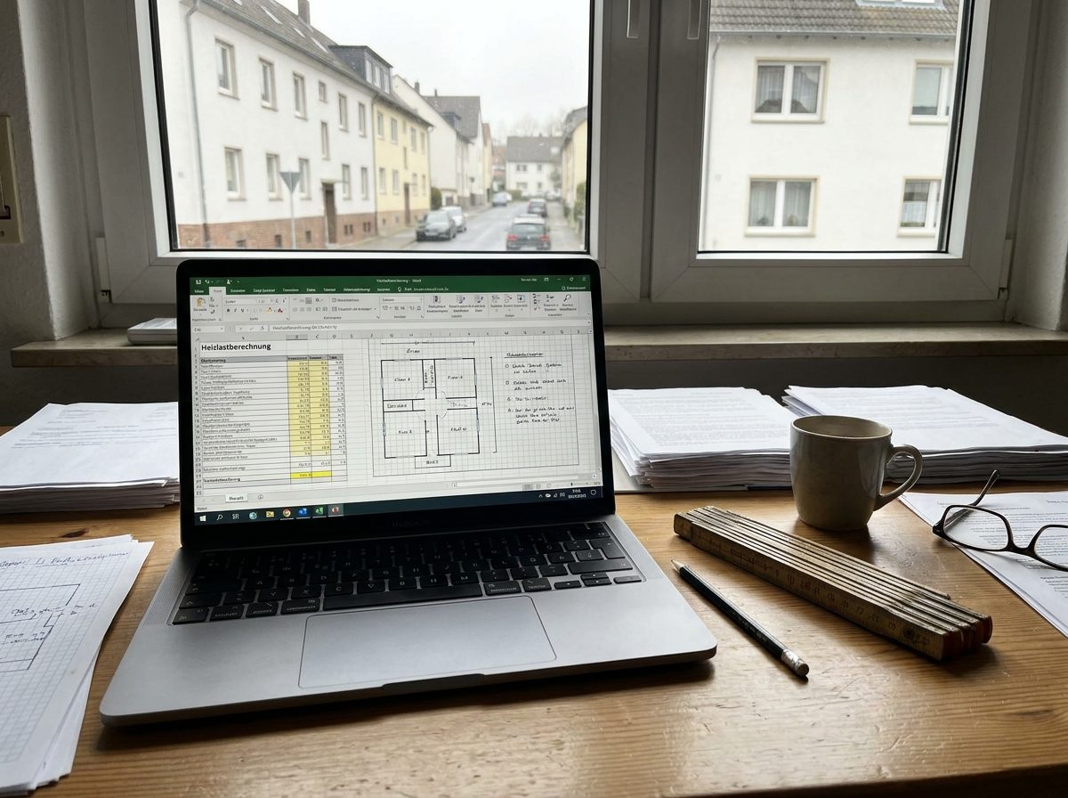 Raumweise Heizlastberechnung mit Grundriss am Arbeitsplatz